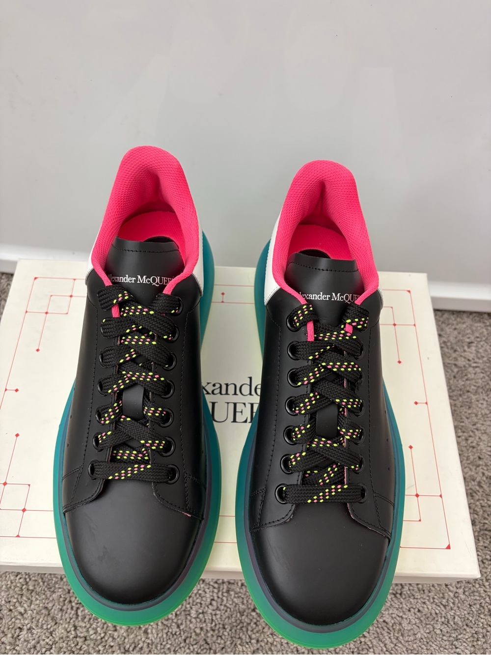 Alexander McQueen Black Leather Sneakers with Pink Interior and Teal Sole